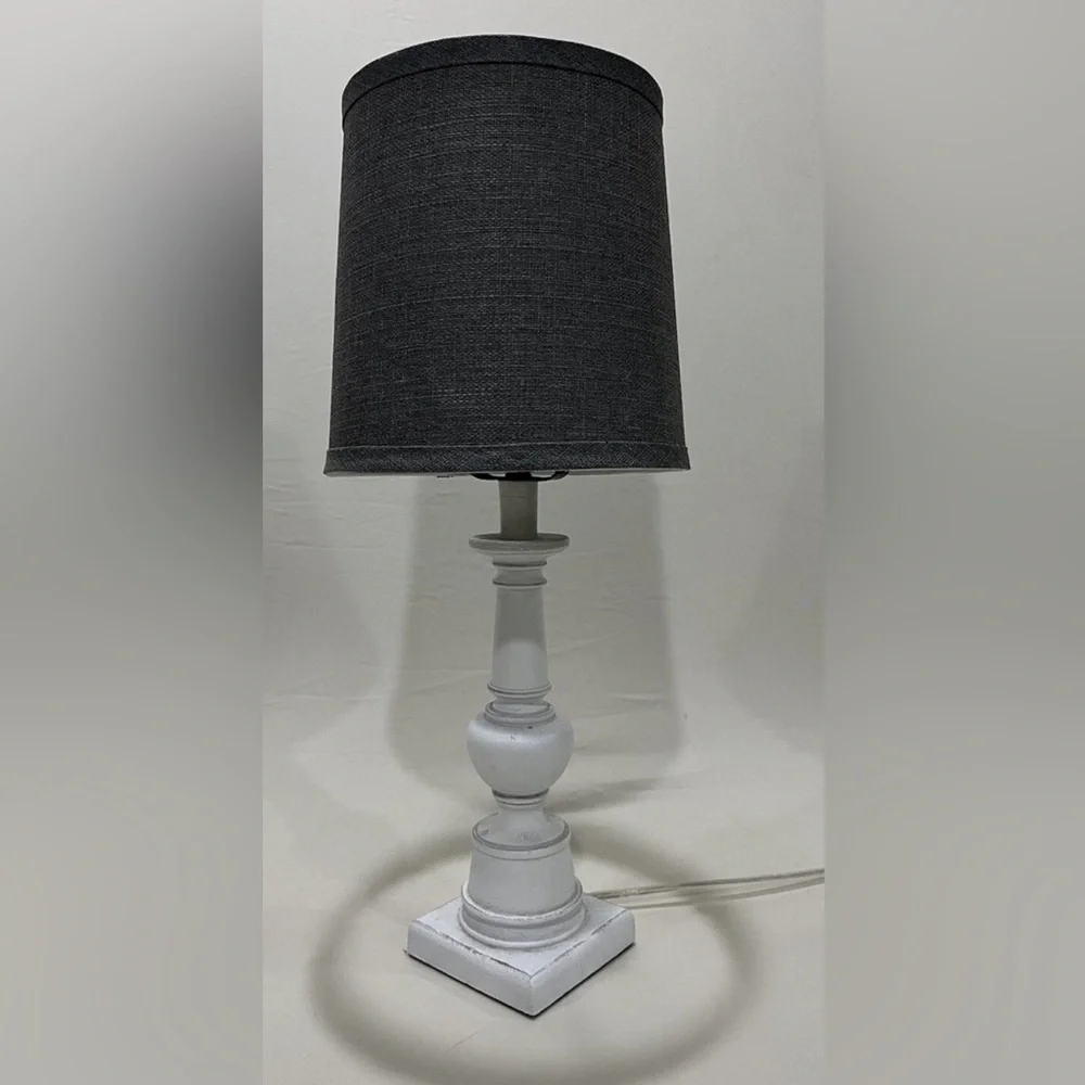 Cottagecore white wood shabby chic Table Desk Lamp with Grey Gray Shade 20”